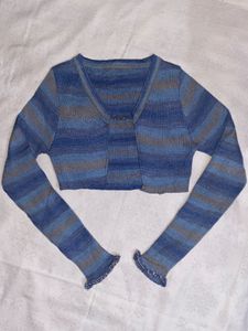 Blue Striped Cropped Cardigan