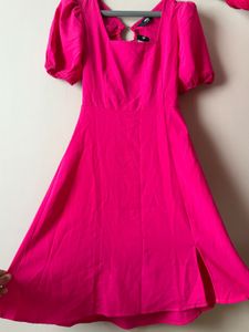 Hot Pink Puff Sleeve Square Neck Mini Dress