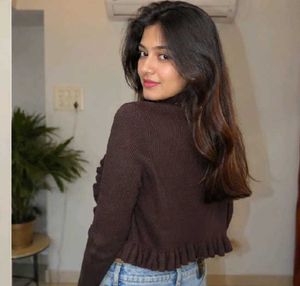 Brown Ruffle Cardigan with Embellishments