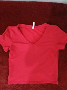 Red V-neck Cropped T-Shirt