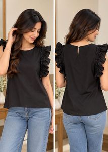 Ruffle Sleeve Black Blouse