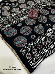 Ajrakh Cotton Feel Black Saree