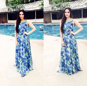 Blue Floral Maxi Dress with Embellished Neckline