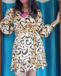 Heavy Satin Animal Print Wrap Style Dress