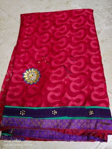 Partywear red cotton brasso saree