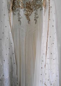 Embellished off White &amp; Gold gown with net dupatta