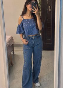 Blue Off-Shoulder Printed Crop Top