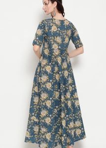 Blue Floral Cotton Maxi Dress Woman