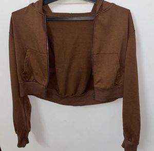 Brown Cropped Zip-Up Hoodie