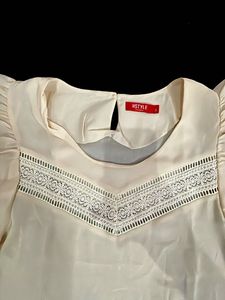 Elegant Cream Lace Trim Flutter Sleeve Top