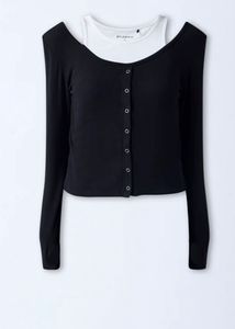Black Ribbed Cold Shoulder Layered Top for Women