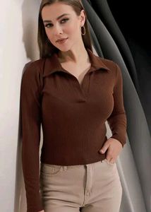 Brown Ribbed Polo Neck Top