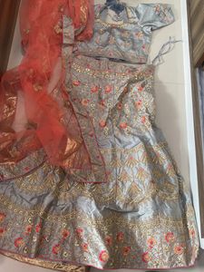 Grey Colour Heavy Work Ghagra With Duppata And Blo