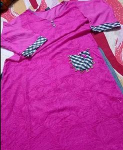 Fuchsia Kurta with Checkered Pocket Detail