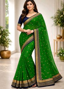 Green Navyblue Beautiful Geogergette Saree