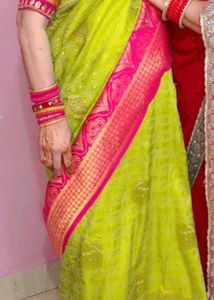 Vibrant Lime Green Saree with Pink Border