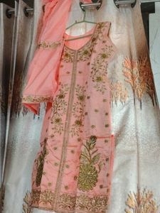 Peach Embroidered Kurta Set with Dupatta