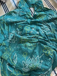 Teal Bandhani Print Kurta Set
