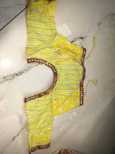 Yellow Printed Blouse with Mirror Work