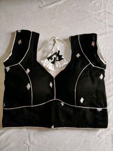 Black Embroidered Blouse with White Piping