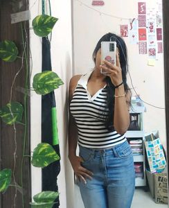 Striped Sleeveless Polo Top