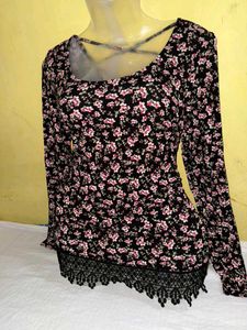 Floral Print Long Sleeve Top with Lace Trim