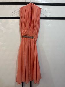 Elegant Peach Embellished Waist Dress
