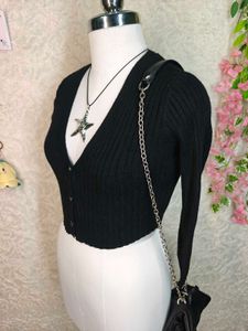Black Ribbed Cropped Cardigan