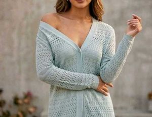 Long Mint Green Crochet Cardigan