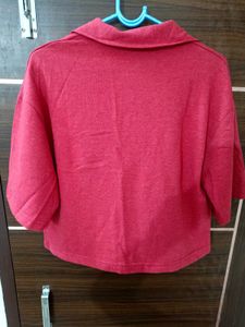 Vibrant Red Cropped Button-Up Shirt