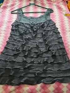 Chic Grey Ruffle Dress with Lace Detail