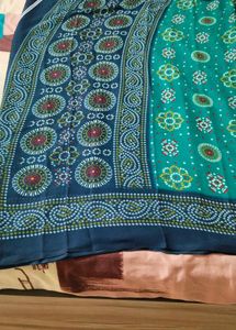 Teal Green Printed Bandhani Sari with blouse piece