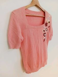Chic Pink Floral Embroidered Square Neck Top