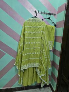 pure mulmul embroidered anarkali suit set green