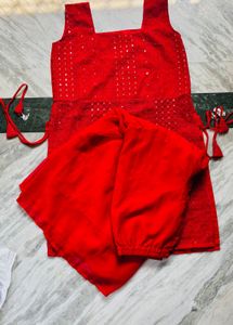 Vibrant Red Sequined Kurta Set