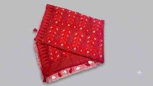 Vibrant Red Cotton Saree with White Motifs