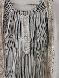 Striped Kurta Set with Embellished Neckline