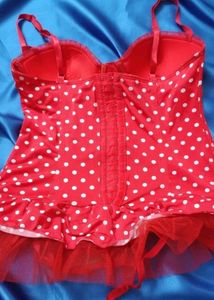 Red Polka Dot Bustier &amp; Thong, fishnet stockings