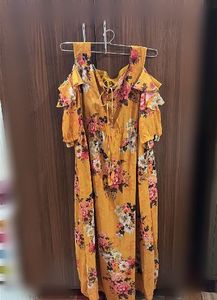 Mustard Floral Cold Shoulder Maxi Dress