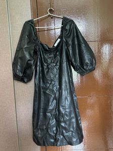 Black Faux Leather Puff Sleeve Dress