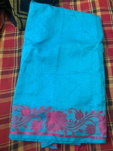 Blue Saree with Pink Floral Border without blouse