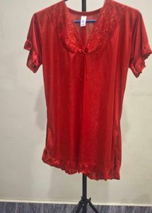 Red Satin Nightie with Lace Trim