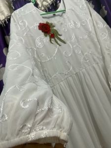 White Tiered Embroidered Gown with Red Scarf