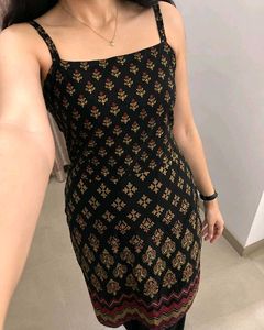 Elegant Black Tribal Print Spaghetti Strap Kurti