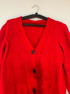 Red V-Neck Button-Up Cardigan