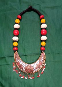 White, Yellow And Red Bohemian Necklace. 20 inches