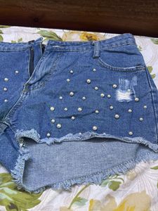 Blue Denim shorts with Pearl detailing