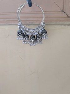 Silver Jhumka Hoop Earrings with Pearls