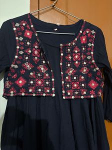 Elegant Navy Maxi Dress with Embroidered Jacket