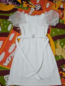 White Textured Puff Sleeve Dress